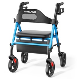 HOMLAND Foldable Rollator Walkers with Seat for Seniors, 8'' Big Wheels, 350 lb. Weight Capacity, Adjustable Handles and Seat Height, Lightweight Rolling Walker, Light Blue