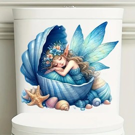 Summer Sea Mermaid Pearl Shell Toilet Cover Sticker Decals,Fish Bird Flower Leaf Waterproof Toilet Lid Tank Seat Decals Cistern Self-Adhesive Bathroom Wall Sticker