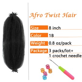 Springy Afro Twist Hair 8 Inch 3 Packs Pre Fluffed Marley Twist Braiding Hair for Black Women (8 inch, 3 Packs, 1B)