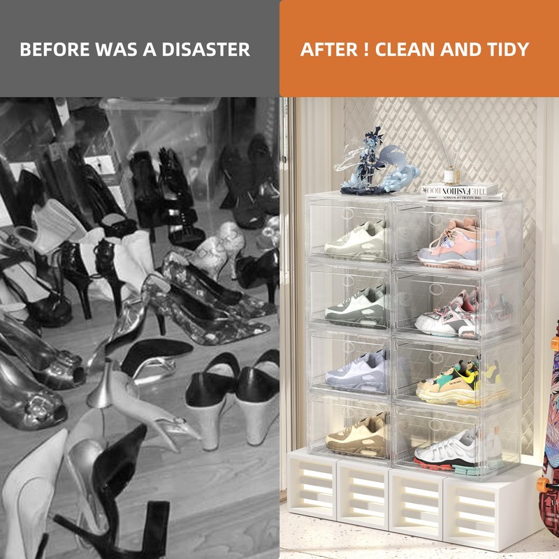 LEKSOGS 8 PACK Shoe Boxes Clear Plastic Stackable, XL Clear