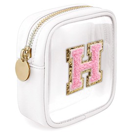 LOFOWN Initial Clear Makeup Bag Small Cosmetic Bag Travel Toiletry Bag Clear Zipper Pouch Purse Organizer Bags for Women, White, H, Initial Clear Makeup Bag