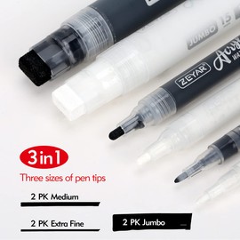 ZEYAR Acrylic Paint Marker Pens, 3 Different Point Size: Extra Fine(0.7mm), Medium Bullet(2.5mm), Jumbo Felt Tip(10-15mm) (Black & White Colors, Extra fine,Medium,Jumbo)