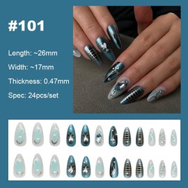 【NEW ARRIVALS!】 Press on Nails French Tip Bling Coffin Short Almond Fake Nails with Designs Glue on Nails Long Glossy Gradient Medium False Nails Reusable Full Cover Thick Nail Acrylic Stick on Nails for Women Girls 24 Pcs:_101