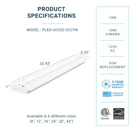 PARMIDA LED Swivel Under Cabinet Lighting, Hardwired or Plug-in Installation, 32 Inch, 18W, 3CCT Color Selectable - 3000/4000K/5000K, Rotatable Lens, Dimmable, Linkable, 120V, 1080LM, White
