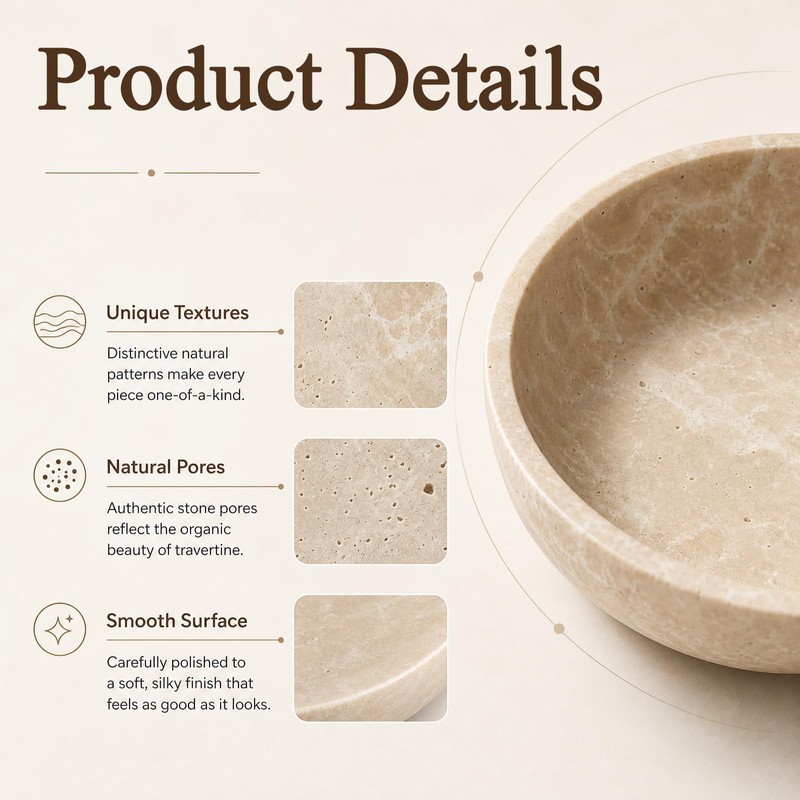 MALIHOO Travertine Decorative Bowl, 7.8 Inch Stone Catchall Bowl for