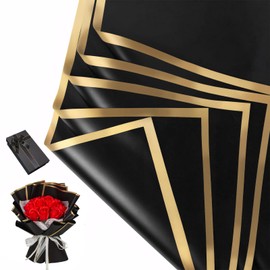 20 Sheets Waterproof Flower Wrapping Paper - Gold Edge Black Decoration Wrapping Paper, Flowers Arts and Crafts, Gift Packaging or Gift Box Packaging, Florist Bouquet Supplies, 22.8in