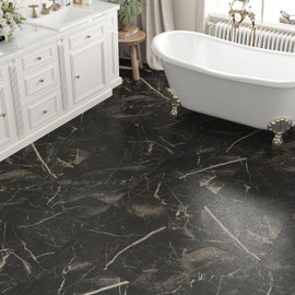 Marble Black Vinyl Flooring Tiles Peel and Stick Floor Tile 12''x12'' Self Adhesive Waterproof Floor Stickers for Kitchen Bathroom Decorative Flooring Sheets for Bedroom Basement RV Sticky Tiles 16PCS