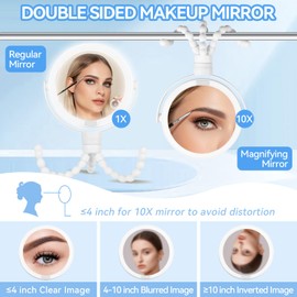 KOOKIN Travel Makeup Mirror with Lights and Magnification 1X/10X, Lighted Makeup Mirror, Rechargeable, 3 Color Lighting, Dimmable, 360° Rotation, Double Sided, Hanging Handheld Mirror (White)