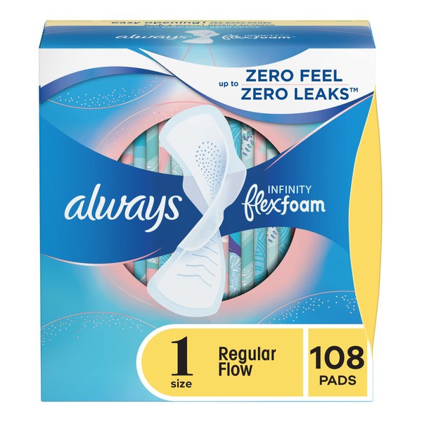 Always Infinity Feminine Pads For Women, Size 1 Regular Absorbency, Multipack, With Wings, With Flexfoam, Unscented, 36 Count X 3 Packs (108 Count Total)