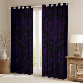 Homemissing Purple Black Vintage Damask Floral Curtains Gothic Bohemia Floral Window Curtains for Bedroom Living Room Oriental Antique Window Drapes Luxury 30%-50% Blackout Curtains,W46*L54,2 Panels