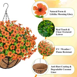 Waipfaru 2Pcs Artificial Fake Hanging Mums Plants Flowers Basket for Fall Autumn Outdoor Decor, Faux Silk Orange Flower UV Resistant for Outside Patio Garden, Fall Decoration for Home