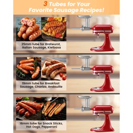 KINGEAGLE Sausage Stuffer Tubes for KitchenAid KSMMGA, 3 in 1 Stainless Steel Sausage Maker Tubes Set with Retainer Holder for Homemade Sausage, Durable Sausage Accessory