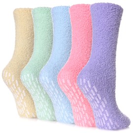 FNOVCO Non Slip Socks for Women Winter Warm Cozy Fuzzy Slipper Socks Soft Fluffy Hospital Socks with Grips (5 Pairs Rainbow)