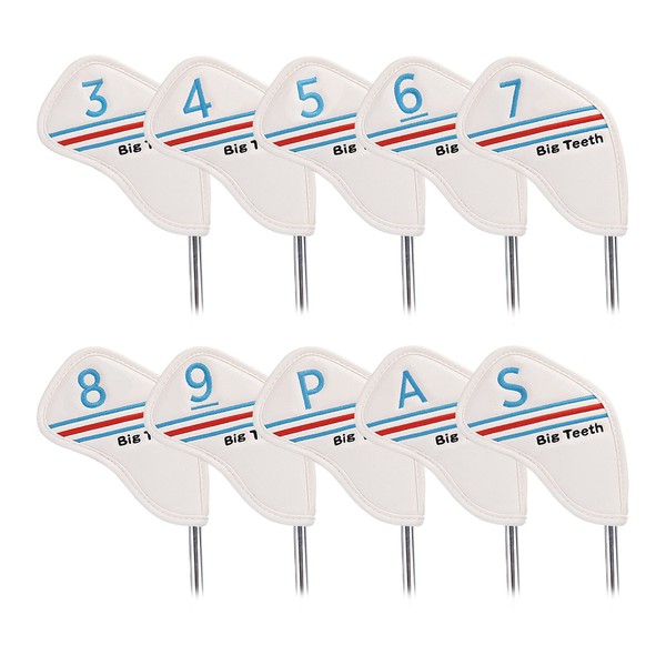 BIG TEETH Lot de 10 housses de protection pour clubs de golf 3-9, P, A, S avec fermeture à crochet et boucle - Bleu - Cuir synthétique blanc