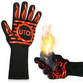 UTOI BBQ Grill Gloves 1472°F Heat Resistant, Long Grilling Gloves Oven Mitts for Campfire & Fire Pit, Smoker, Fireplace, Kitchen and Outdoor Cooking, XL Size, Red