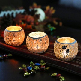 Romantic Mosaic Cracked Candle Holders(NO Candles) Wedding Dinner by Candlelight,Handmade Tea Light Holders Candles Cape Bowl for Valentine's,Christmas Table Centerpiece,Party Decor 1 PC (Nude Gold)