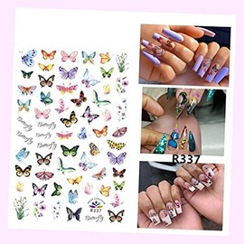(Lot of 2 Sheets) Butterfly Flower Nail Sticker Waterproof Rainbow Butterfly Type 337 for Nails Design Nail Art Stickers Decals Supplies Manicure Tips Sticker Colorful for Nail Decorations