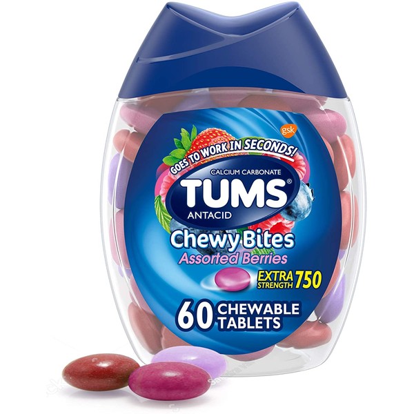 TUMS Chewy Bites Antacid Tablets for Chewable Heartburn Relief and Acid Indigestion Relief, Assorted Berries - 60 Count