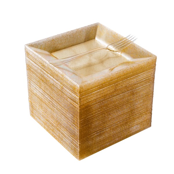 Conflech 200 Pieces Glitter Gold Plates with Plastic Forks, Gold