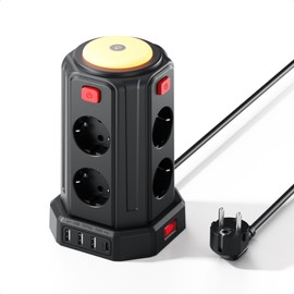 8 Fach Mehrfachstecker mit 4 USB und Licht, Steckdosenleistemit Steckdosenleiste Überspannungsschutz mit 4 Einzelnen Schalter, 2M Verlängerungskabel Steckdosenturm für Zuhause Büro, 16A,