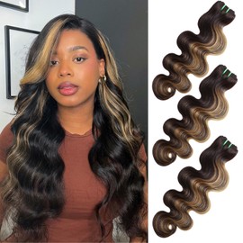 HERMOUS 12A Thick Honey Blonde Highlight Bundles Human Hair Body Wave 16 18 20 Inch, Double Drawn F1B/27 Human Hair 3 Bundles Wavy Ombre Colored Bundles Unprocessed Remy Hair Extension Quick Weave