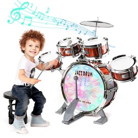 5 drum set children's jazz drum toys, suitable for young children, including 5 drums, percussion toys, suitable for 3-5 years old boys and girls gifts:_Red-with LED Light