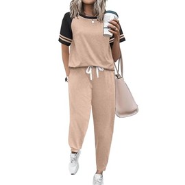 Ekouaer Lounge Sets for Women Two Piece Pajama Set Short Sleeve Crewneck Jogger Outfits and Sweatpants Tracksuit Khaki