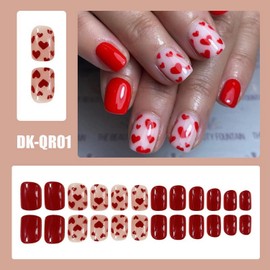 Valentine's Day Press on Nails Short Square Shaped Fake Nails Red Heart Love Designs Pink Red Glossy False Nails Full Cover Valentines Acrylic Nails Stick on Nails for Women Nail Art DIY 24 Pcs