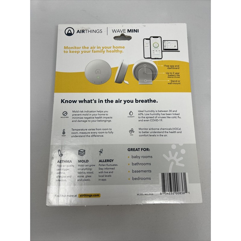 Airthings Wave Mini Smart Indoor Quality Monitor Model 2928
