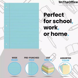 1InTheOffice Colored Filler Paper 8.5x11, Wide Ruled Lined, Pastel, 200/Pack