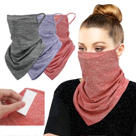 MoKo Scarf Mask Bandana with Ear Loops 3 Pack, Neck Gaiter Balaclava with Filter Pocket UV Protection Mask for Dust Wind Motorcycle Cycle Bandana Headband for Women Men, Light Gray/Red/Purple
