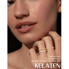 KELAIEN Stackable Gold Silver Rings for Women Non Tarnish 14K Gold Plated Thin Ring Set Cubic Zirconia Thumb Pinky Rings Eternity Band Rings Cute Dainty Jewelry Gift Size 6-10