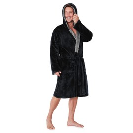 CityComfort Men's Bathrobe with Hood Super Soft Fleece Men's Dressing Gown with Hood Soft and Comfortable Fleece Robe Dressing Gown Long Men's Gifts - Black , size: l