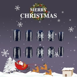 Christmas Press on Nails Short Square Fake Nails Black & White False Nails with Designs Snowflake Glitter Glossy Full Cover Glue on Nails Xmas Acrylic Nails for Women Girls 24 Pcs