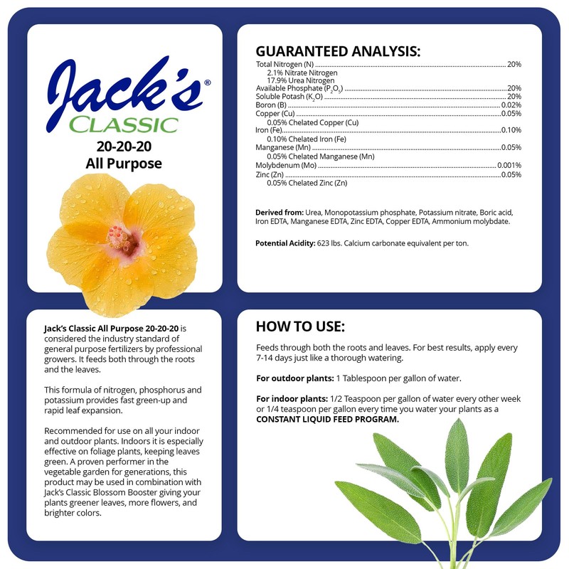 Jack's Classic 20-20-20 All Purpose Water-Soluble Fertilizer with Micronutrients to