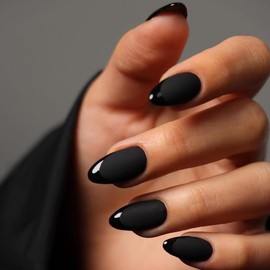 KQueenest Black French Tip Press on Nails Short Almond in a Matte Finish, Dark Fake Nails Press ons Short Stiletto, Velvet Soft Gel Glue on Nails for Women Fall Winter, 32 Pcs 16 Sizes