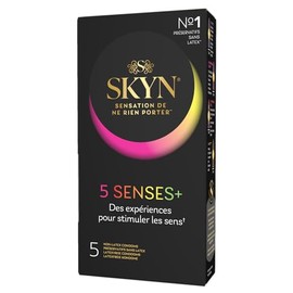 SKYN 5 Senses +: Scatola di 5 preservativi maschili senza lattice, materiale Skynfeel, 1 x intensamente perlato, 2 x Sapore Cocktail, 1 x Elite (Ultra Fine), 1 x Riscaldatore per stimolare i sensi