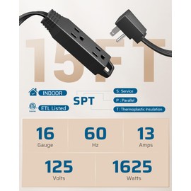DEWENWILS 15FT Flat Plug Extension Cord, 3 Prong Ultra Thin Power Strip, 13A/125V/1625W, 16/3 Awg Grounded Flat Power Cable for Indoor Narrow Space, SPT-3 Cord, ETL Listed, Black