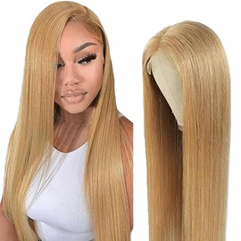 Gsoroel Real Hair Wig, 13 x 6 HD Lace Front Wig, Straight, Glueless, Swiss Lace #27 Honey Blonde Colour, 150% Density, Brazilian Virgin Real Hair Wig, 12 Inches