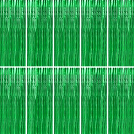 BTSD-home 10 Pack Green Foil Fringe Curtain, Metallic Photo Booth Backdrop Tinsel Door Curtains for St Patricks Day Birthday Bridal Baby Shower Bachelorette Christmas Party Decorations(8ft x 3ft)