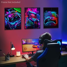Dazzlewall Pack of 3 Neon Gaming Wall Pictures, Controller Gamepad Pictures, Video Game Poster for Teenagers, Boys Room, Dorm, Playroom Decoration, 12 x 16 Inches, Unframed