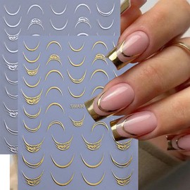 French Line Nail Art Stickers Gold Silver Nail Decals 3D French Bronzing Pattern Nail Art Accessories Self-Adhesive Nail Art Supplies Decoration French Tips Strips Acrylic Nails Design, 8 Sheets