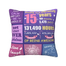 zilobkfe Sweet 15 Gifts for 15 Year Old Girls,15th Birthday Decorations for Girls,Sweet 15 Birthday Gifts for Girls,15 Year Old Girl Gift Ideas Happy Birthday Throw Pillow Covers 18x18