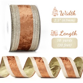 LIZLOVESS Copper and Champagne Gold Velvet Wired Ribbon 2.5" X 10 Yards Copper Velvet with Champagne Gold Glitter Border Stripe Christmas Ribbon for Tree, Wreath Supplies, Garlands Making