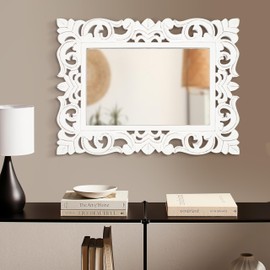 Lightnpro Hand Carved Rectangular Wall Mirror - 18×24 Inch Rustic Farmhouse Wood Frame with Antique White Finish - Vintage Boho Decorative Accent Mirror for Bathroom, Entryway, Bedroom & Living Room