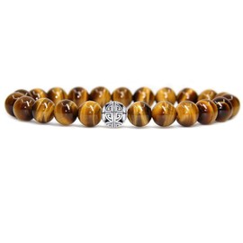 MetJakt Natural 8mm Gemstones Healing Crystal Stretch Beaded Bracelet Bangle with 925 Sterling Silver Double Happiness Pendant (Tiger Eye)