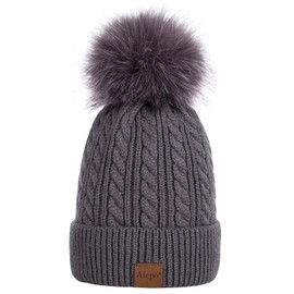 Alepo Womens Winter Beanie Hat, Warm Fleece Lined Knitted Soft Ski Cuff Cap with Pom Pom(Dark Gray)