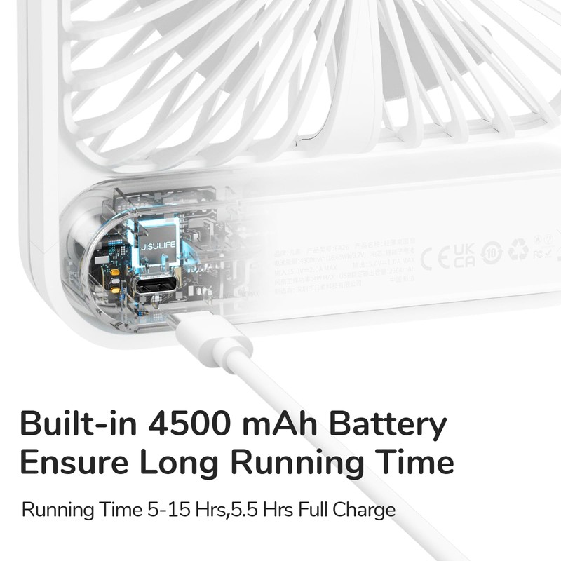 JISULIFE Desk Fan Battery Rechargeable, 4500mAh 180°Foldable Portable Personal Fan,