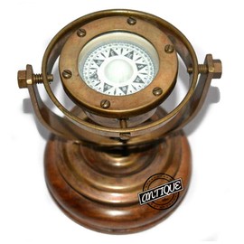 Antique Vibes Fathers Day Maritime Brass Nautical Compass on Wood Base Stand Ship Binnacle Gimballed Compasses Sailor Navigation Present For Captain