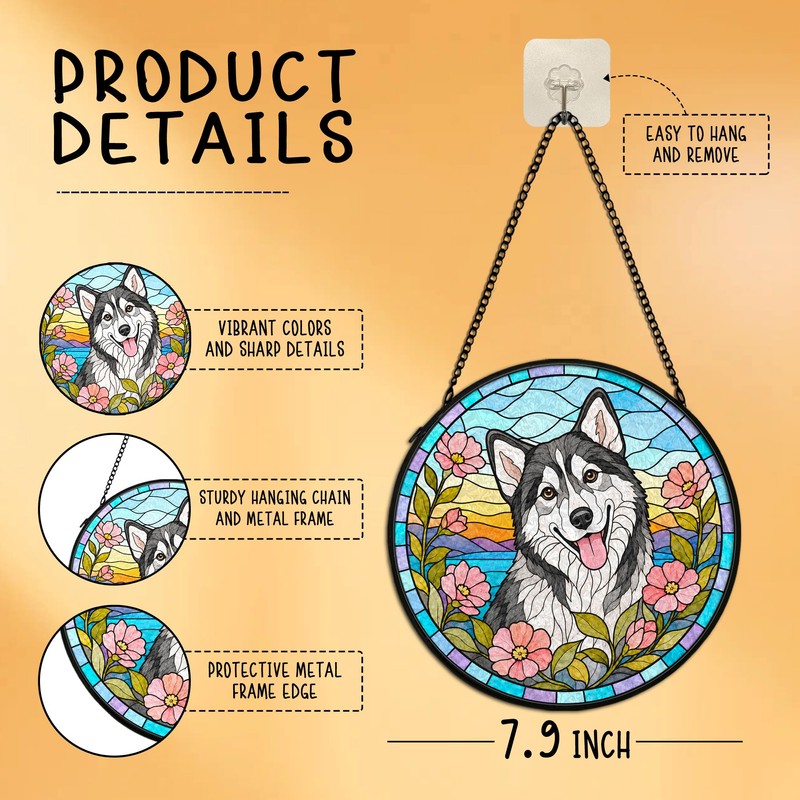 Husky Dog Flower Stained Glass Suncatcher Window Hanging Decor